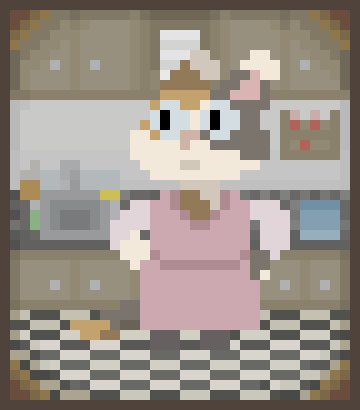 Millie in the kitchen, shaking her head